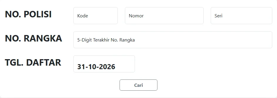 Formulir Informasi PKB Banten dengan kolom No. Polisi yang terbagi menjadi Kode, Nomor, dan Seri, kolom No. Rangka lima digit terakhir, kolom Tgl. Daftar, dan tombol Cari