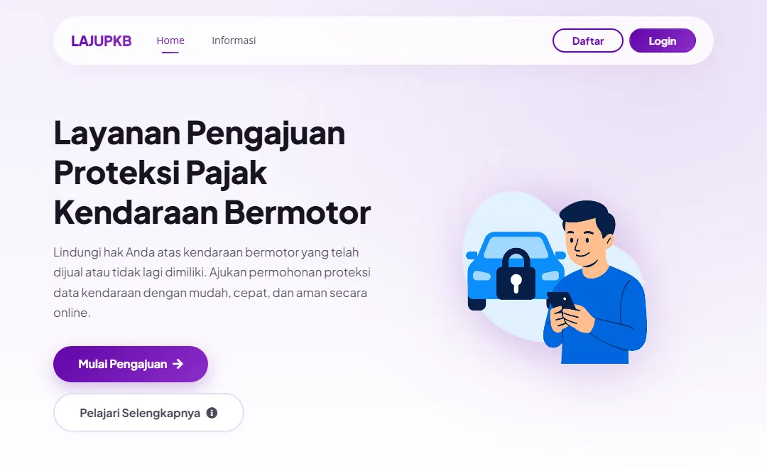 Halaman depan LAJUPKB dengan judul Layanan Pengajuan Proteksi Pajak Kendaraan Bermotor dan tombol Mulai Pengajuan