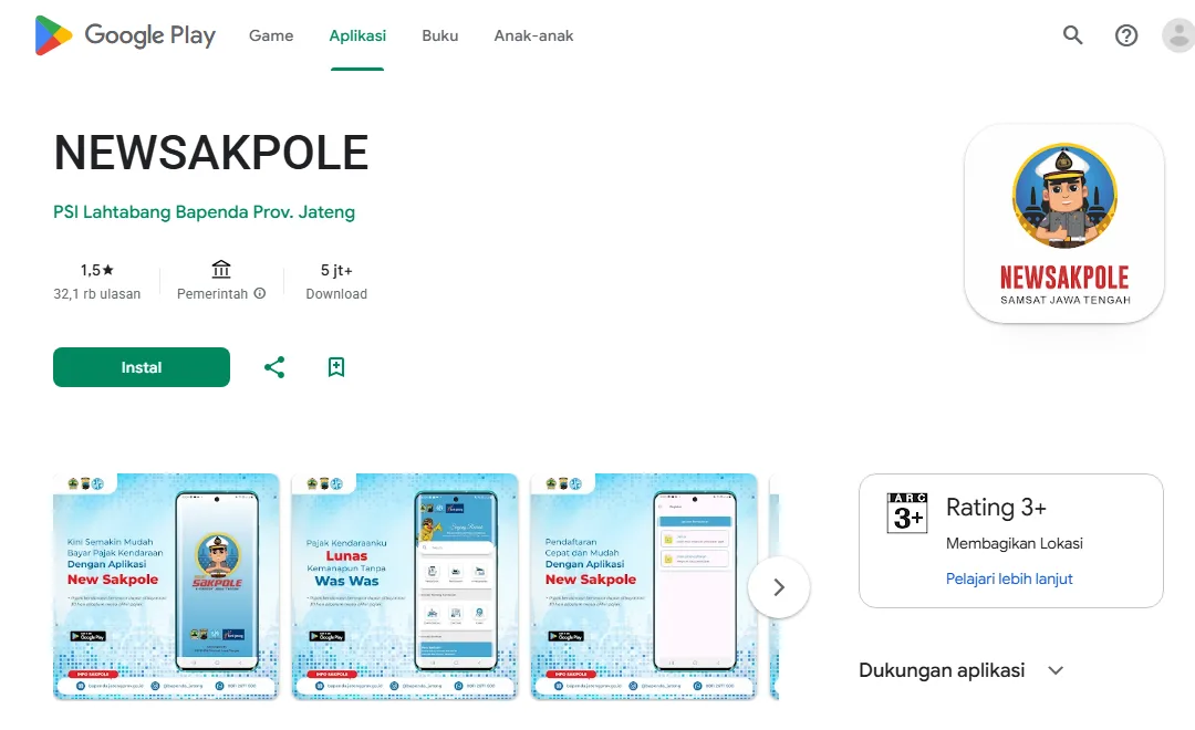 Tangkapan layar halaman aplikasi NEWSAKPOLE di Google Play dengan penerbit PSI Lahtabang Bapenda Prov. Jateng, kategori Pemerintah, dan tombol Instal
