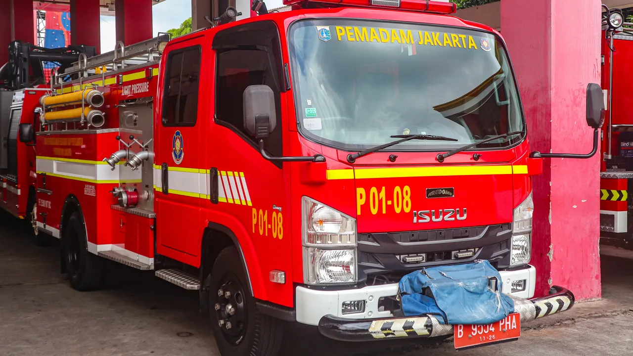 Mobil pemadam kebakaran Pemadam Jakarta berbasis Isuzu Elf generasi baru berkabin ganda, merah dengan strip kuning, terparkir di dalam pos pemadam